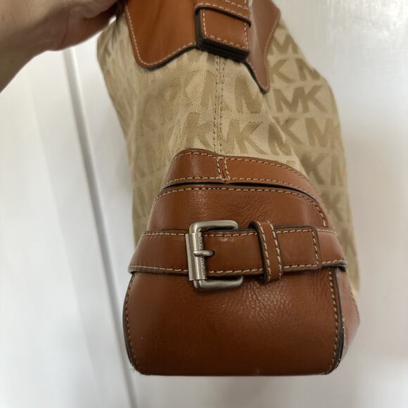 Michael Kors Saddle Brown Leather Medium Hobo Shoulder Bag Tote Jacquard Canvas - Picture 3 of 11